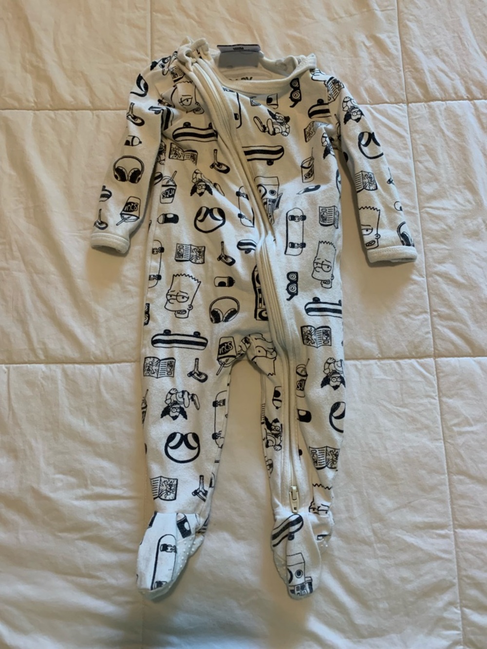 White Kids Footed One-Piece Pajama with Black Character Print